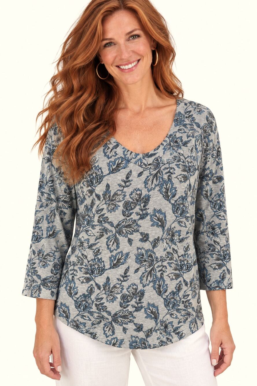 J. Jill Purejill Organic Cotton Floral Tee Womens Medium Gray V-Neck Casual Top